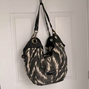 🍀Lucky Brand 🍀 Large Hobo Bag in Dark Grey & Beige Canvas and Black Leather 🍀